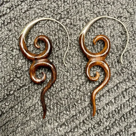 HANDMADE CARVED WOOD AND STERLING SILVER EARRINGS - Picture 2 of 4